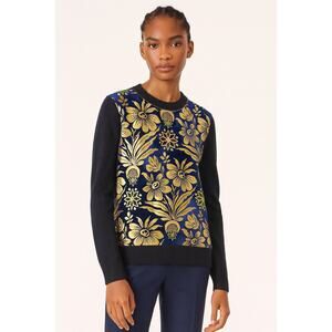 Tory Burch Hollis Cosmic Floral Velvet Foiled Gold Metallic Sweater